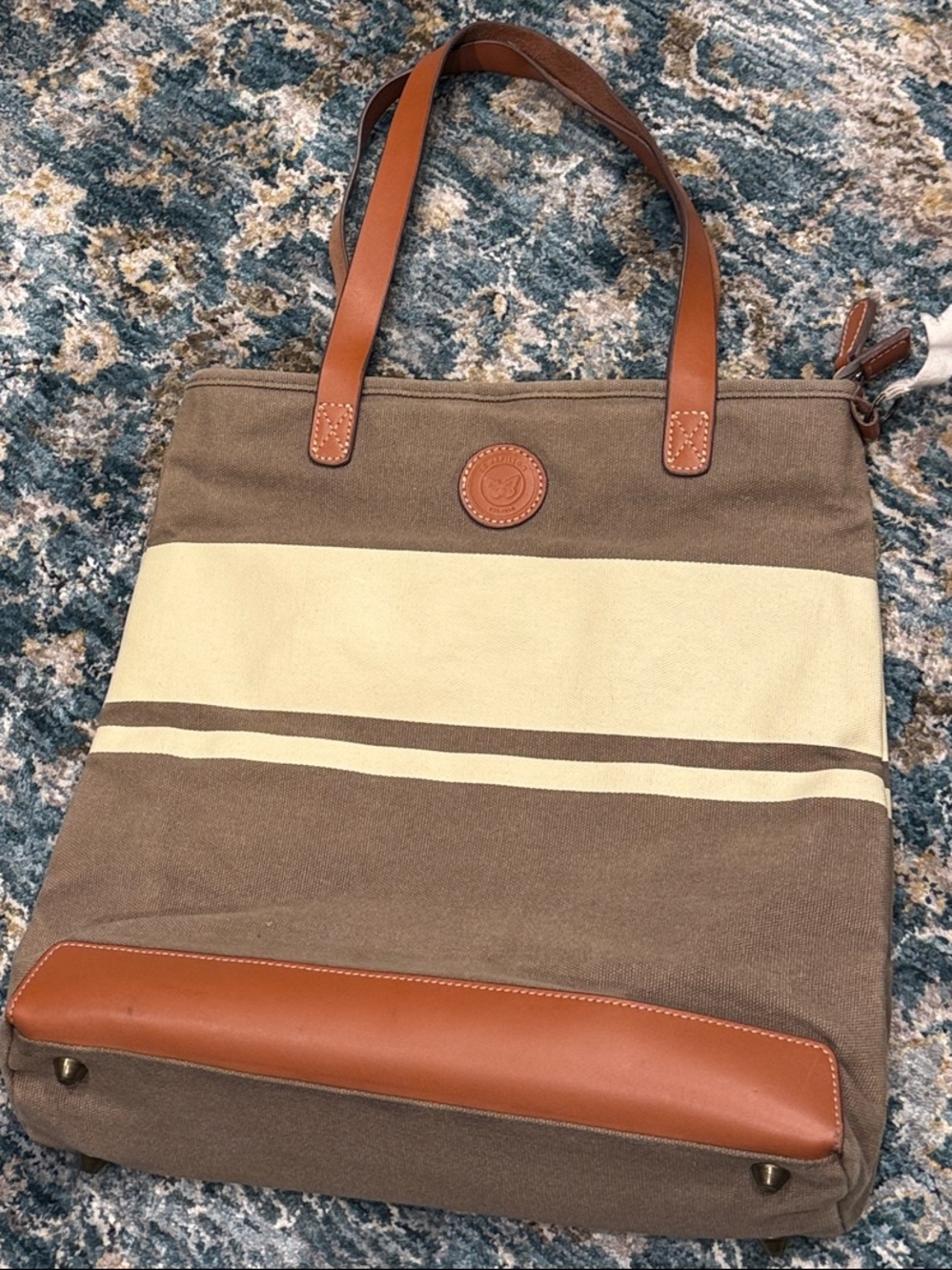 Le Papillon Canvas Striped Tote Bag Leather Trim Butterfly Logo Brown